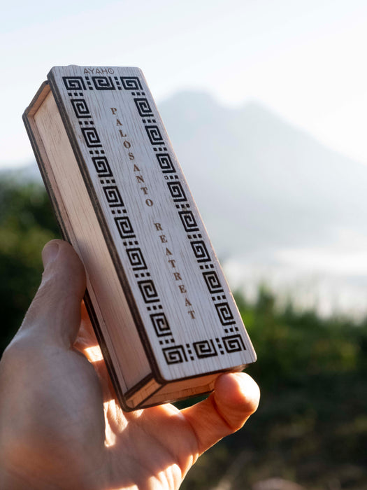 Hand holding a rectangular box with 'Palosanto Treats' branding against a blurred natural background