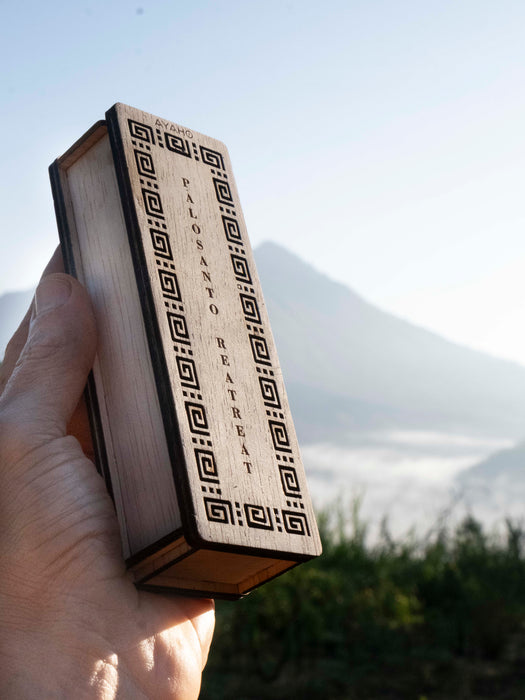 Wooden box with geometric pattern held by a hand against a mountainous background
