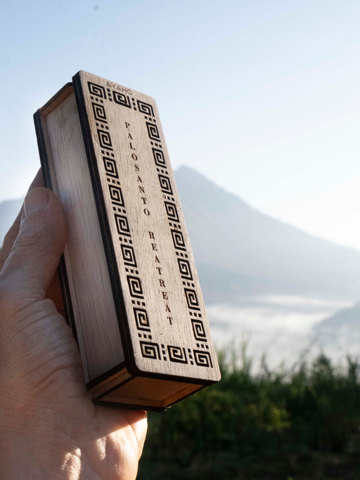 Wooden box with laser engraved pattern held by a hand against a mountainous background