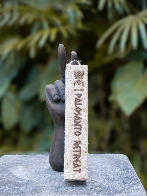 Palo Santo Incense Stick on a stone surface with a blurred green leafy background
