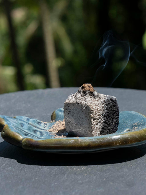 Incense stick burning on a ceramic plate with a blurred natural background