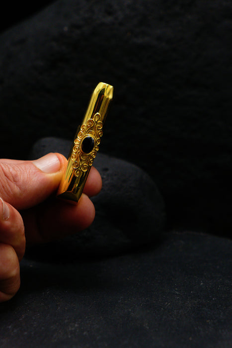 Ceremonial Pipe Gold Plated Bronze | Onyx Amethyst Gemstone | Sacred Herbal Applicator | Bali Tribal Art