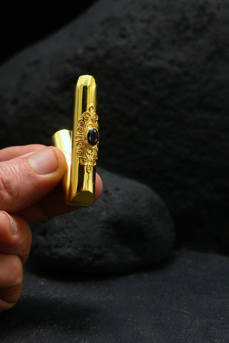 Ceremonial Pipe Gold Plated Bronze | Onyx Amethyst Gemstone | Sacred Herbal Applicator | Bali Tribal Art