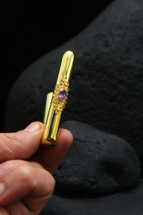 Ceremonial Pipe Gold Plated Bronze | Onyx Amethyst Gemstone | Sacred Herbal Applicator | Bali Tribal Art