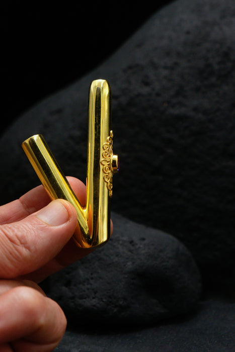 Ceremonial Pipe Gold Plated Bronze | Onyx Amethyst Gemstone | Sacred Herbal Applicator | Bali Tribal Art