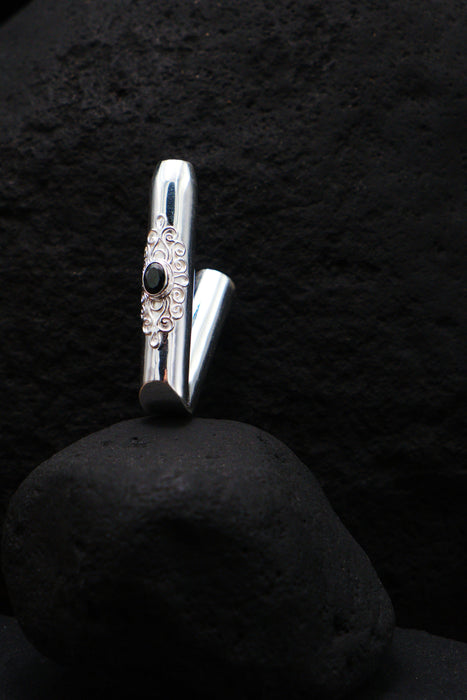 Ceremonial Pipe Silver Plated Bronze | Onyx Amethyst Gemstone | Sacred Herbal Applicator | Bali Tribal Art