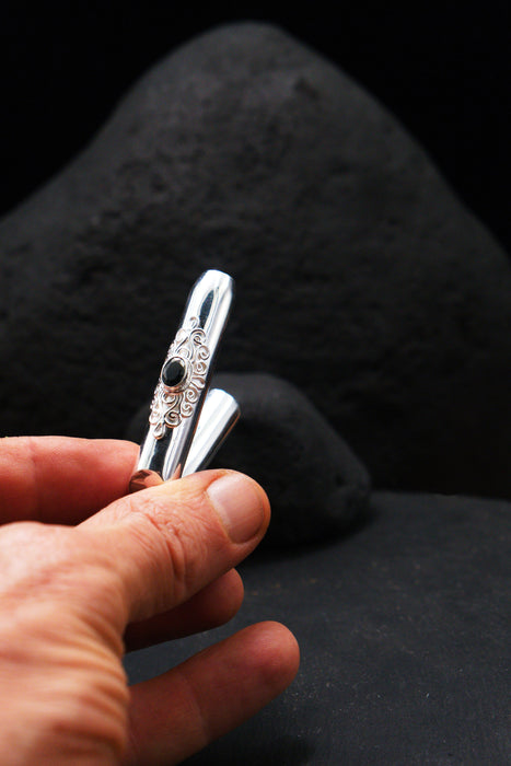 Ceremonial Pipe Silver Plated Bronze | Onyx Amethyst Gemstone | Sacred Herbal Applicator | Bali Tribal Art