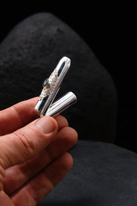 Ceremonial Pipe Silver Plated Bronze | Onyx Amethyst Gemstone | Sacred Herbal Applicator | Bali Tribal Art