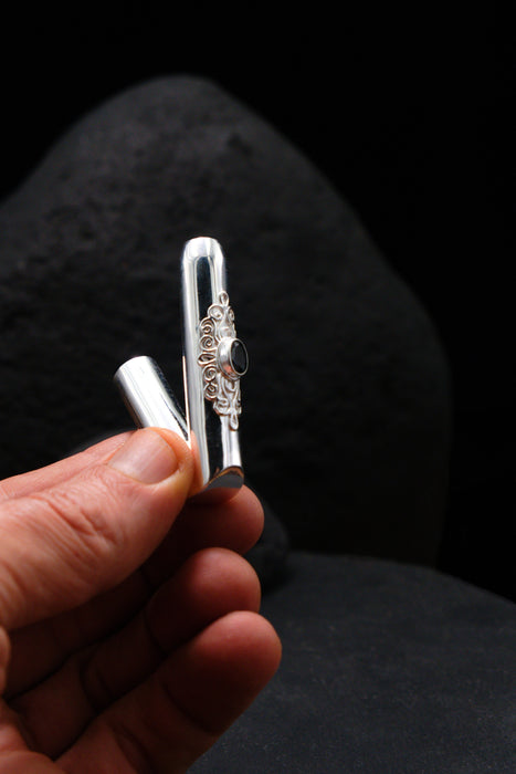 Ceremonial Pipe Silver Plated Bronze | Onyx Amethyst Gemstone | Sacred Herbal Applicator | Bali Tribal Art
