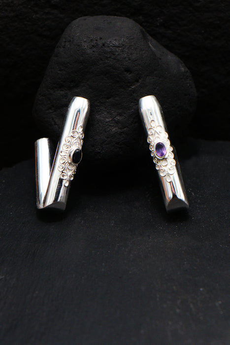 Ceremonial Pipe Silver Plated Bronze | Onyx Amethyst Gemstone | Sacred Herbal Applicator | Bali Tribal Art