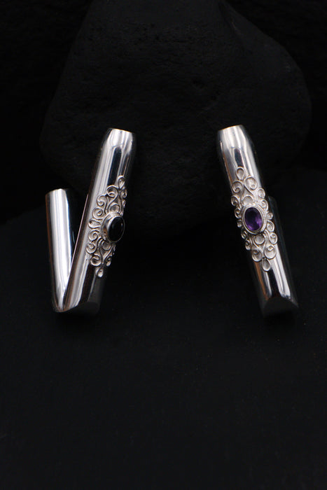 Ceremonial Pipe Silver Plated Bronze | Onyx Amethyst Gemstone | Sacred Herbal Applicator | Bali Tribal Art