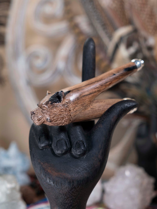 Black hand holding a large tooth against a decorative background