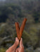Hand holding a wooden tool against a blurred natural background