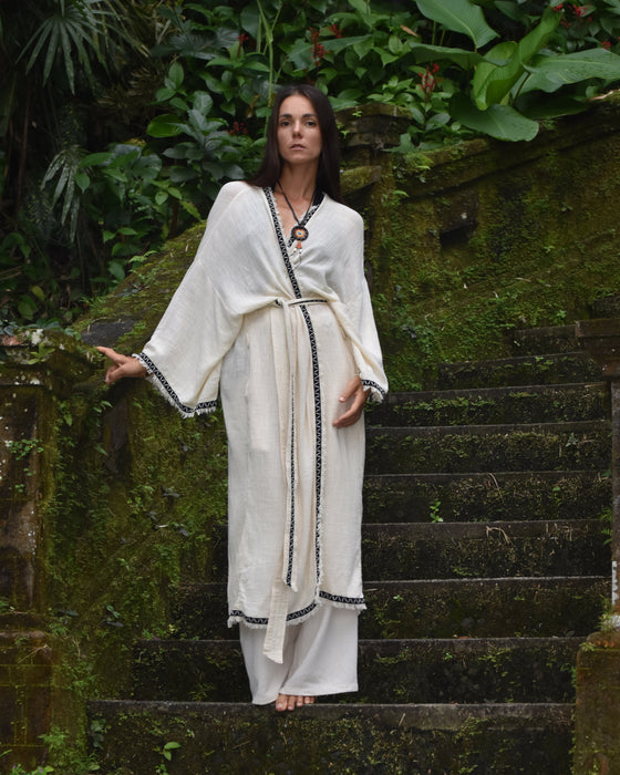Long Cotton Boho Kimono Cardigan, lightweight and stylish, perfect for creating a summer outfit.