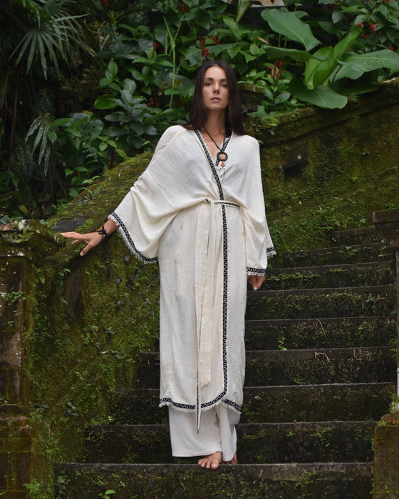 Long Cotton Boho Kimono Cardigan, lightweight and stylish, perfect for creating a summer outfit.