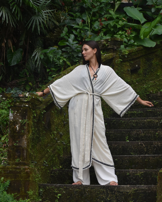 Long Cotton Boho Kimono Cardigan, lightweight and stylish, perfect for creating a summer outfit.