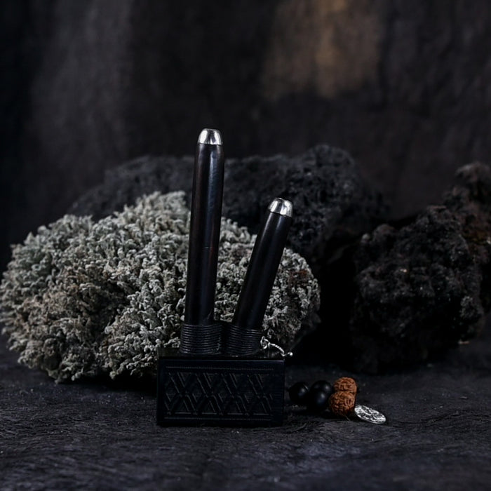 Two black cylindrical objects with metallic tops on a dark textured surface with greenery.