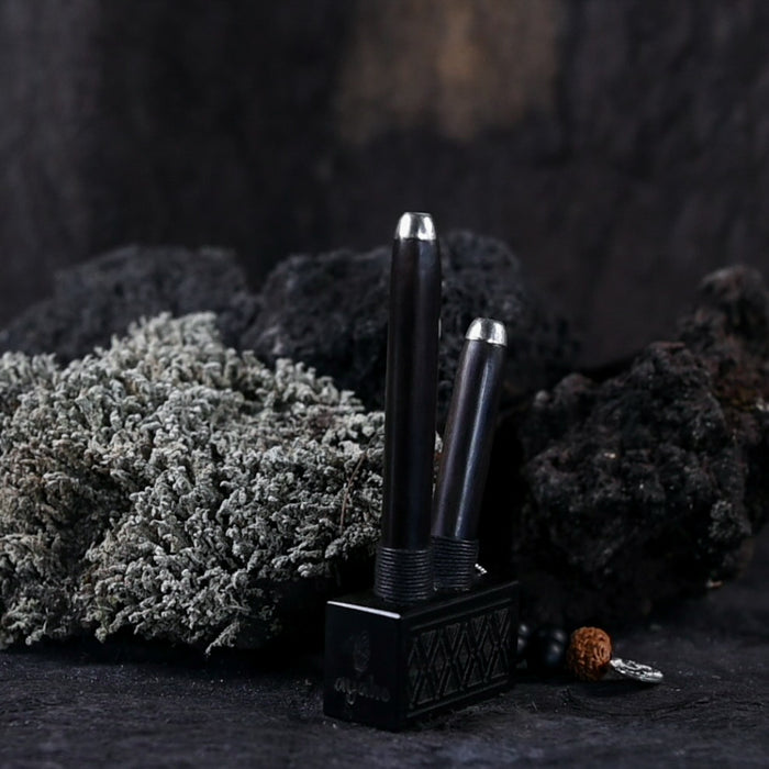Two black cylindrical objects on a dark textured surface with greenery in the background