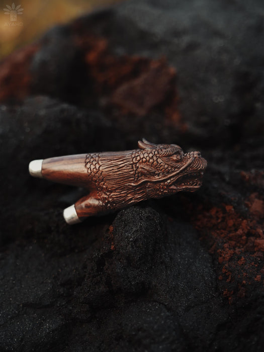 Kuripi Dragon Totem and Silver Caps .Hand Carved Rosewood . Unique Spiritual Tool