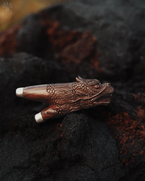 Kuripi Dragon Totem and Silver Caps .Hand Carved Rosewood . Unique Spiritual Tool