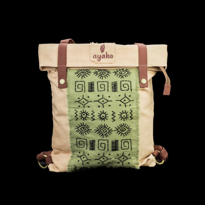 Artisanal ethnic style backpack crafted from natural canvas, featuring distinctive embroidery for the bohemian spirit, ideal for daily ventures and festivals