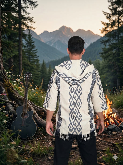 Hooded Kimono Jacket | 100% Cotton Bali Handmade | Unisex Ethnic Boho Cardigan for Festival, Hiking & Travel