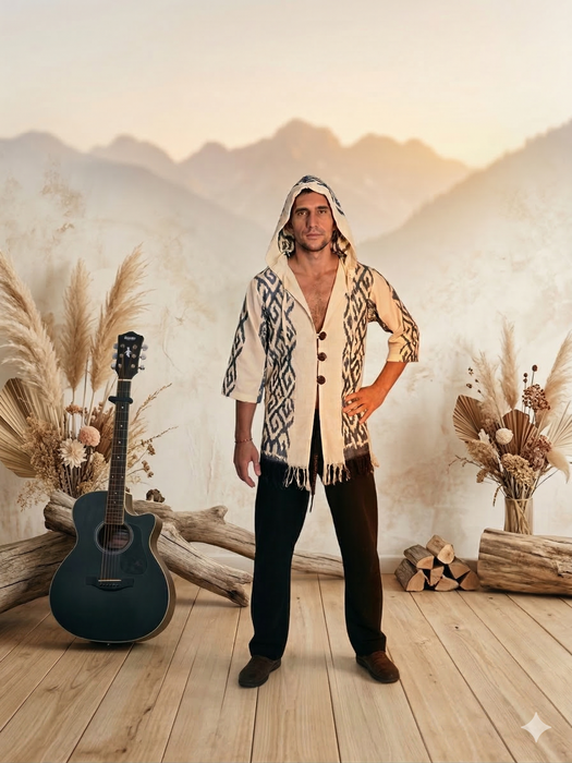 Hooded Kimono Jacket | 100% Cotton Bali Handmade | Unisex Ethnic Boho Cardigan for Festival, Hiking & Travel