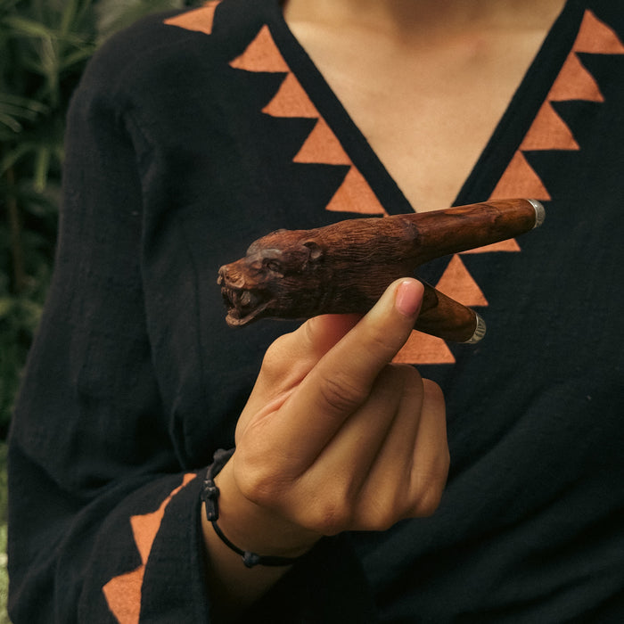 Handcrafted kuripe pipe with a bear totem, created from high-quality mango wood.