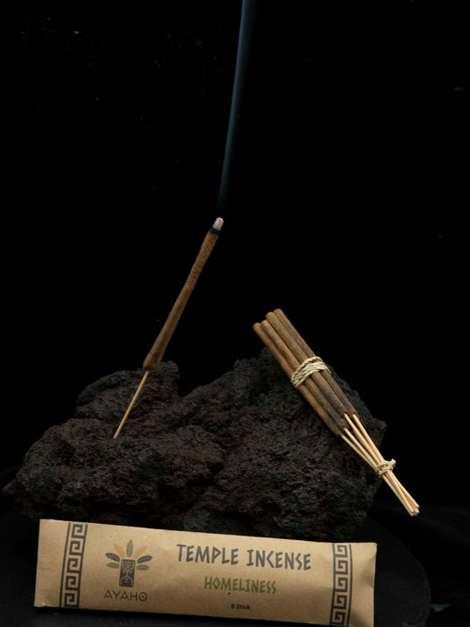 Incense sticks on a bed of charcoal with a labeled incense package against a black background