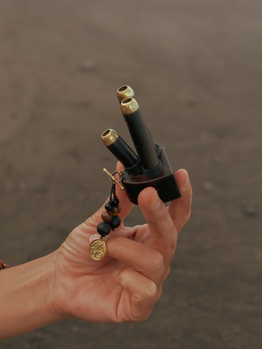 Hand holding a small black device with gold accents against a blurred background