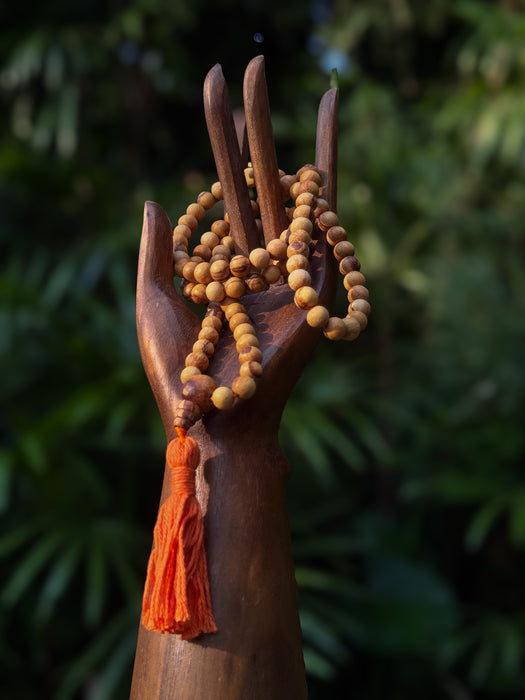 Wooden hand holding a string of beads with an orange tassel against a blurred green background