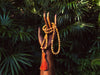 Wooden hand holding a rosary with a green leafy background