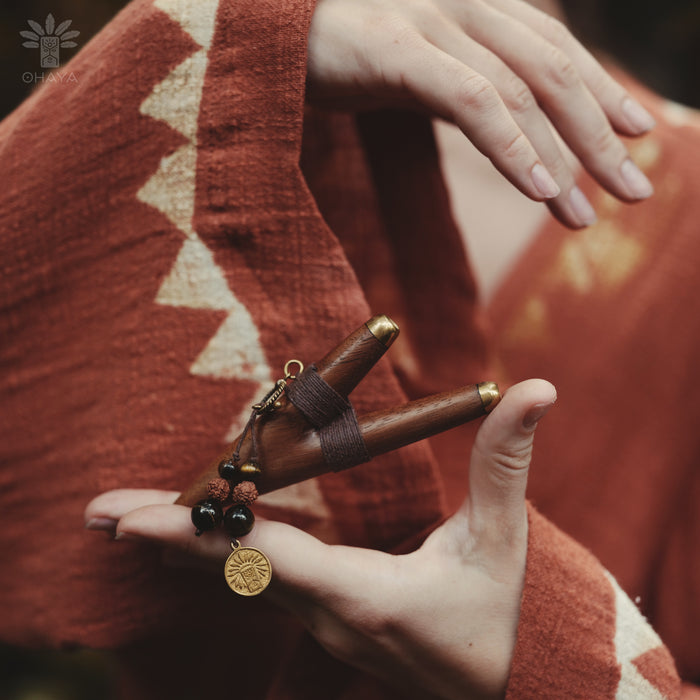 Teak Wood Kuripe with Bronze Cups – Handmade Shamanic Rapé Applicator