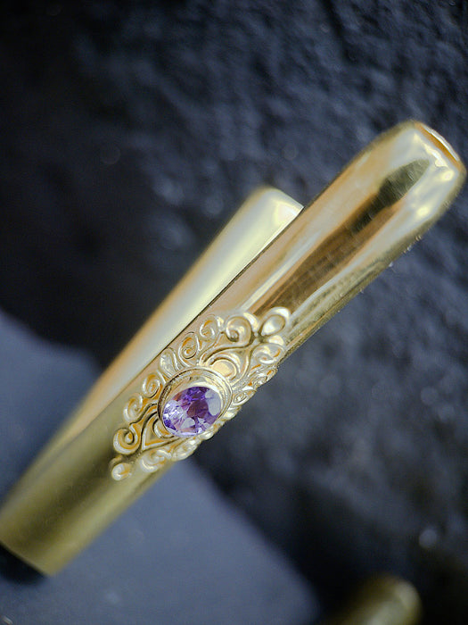 Ceremonial Pipe Gold Plated Bronze | Onyx Amethyst Gemstone | Sacred Herbal Applicator | Bali Tribal Art