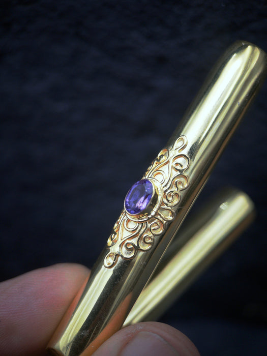 Ceremonial Pipe Gold Plated Bronze | Onyx Amethyst Gemstone | Sacred Herbal Applicator | Bali Tribal Art