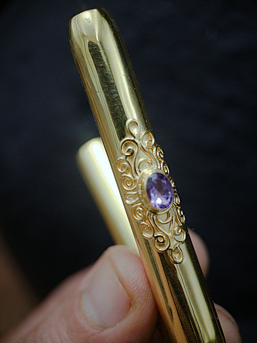 Ceremonial Pipe Gold Plated Bronze | Onyx Amethyst Gemstone | Sacred Herbal Applicator | Bali Tribal Art