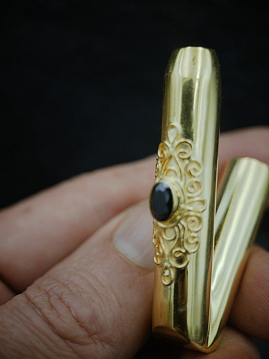 Ceremonial Pipe Gold Plated Bronze | Onyx Amethyst Gemstone | Sacred Herbal Applicator | Bali Tribal Art