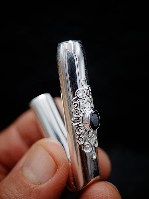 Ceremonial Pipe Silver Plated Bronze | Onyx Amethyst Gemstone | Sacred Herbal Applicator | Bali Tribal Art