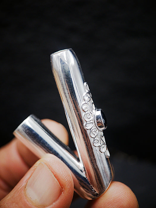 Ceremonial Pipe Silver Plated Bronze | Onyx Amethyst Gemstone | Sacred Herbal Applicator | Bali Tribal Art