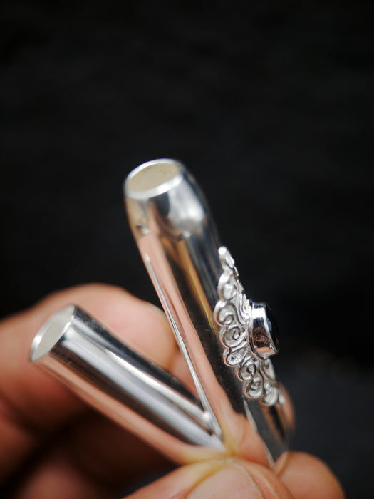 Ceremonial Pipe Silver Plated Bronze | Onyx Amethyst Gemstone | Sacred Herbal Applicator | Bali Tribal Art