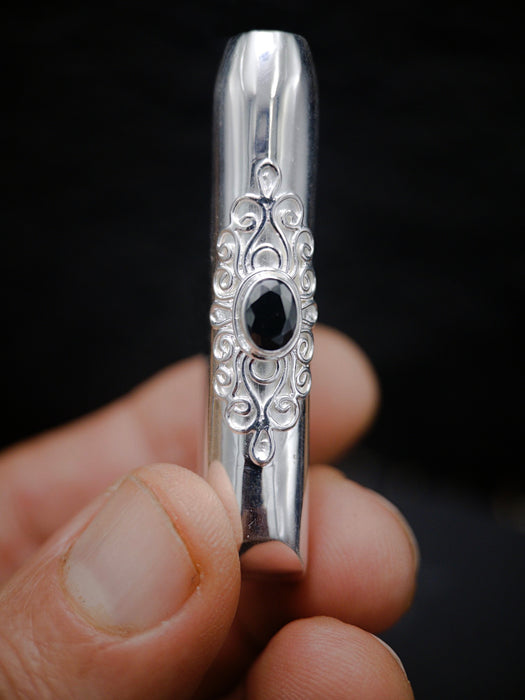 Ceremonial Pipe Silver Plated Bronze | Onyx Amethyst Gemstone | Sacred Herbal Applicator | Bali Tribal Art