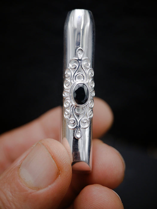 Ceremonial Pipe Silver Plated Bronze | Onyx Amethyst Gemstone | Sacred Herbal Applicator | Bali Tribal Art