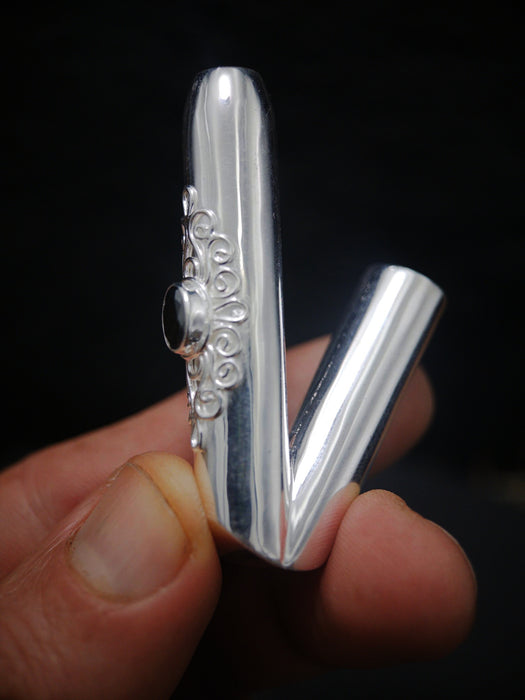 Ceremonial Pipe Silver Plated Bronze | Onyx Amethyst Gemstone | Sacred Herbal Applicator | Bali Tribal Art