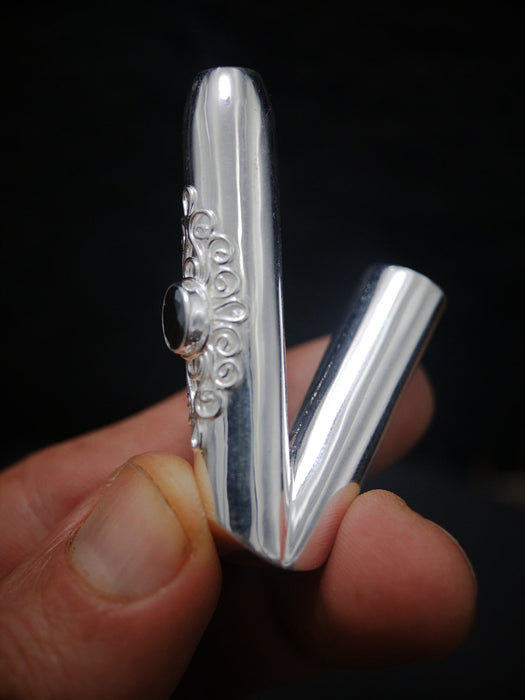 Ceremonial Pipe Silver Plated Bronze | Onyx Amethyst Gemstone | Sacred Herbal Applicator | Bali Tribal Art