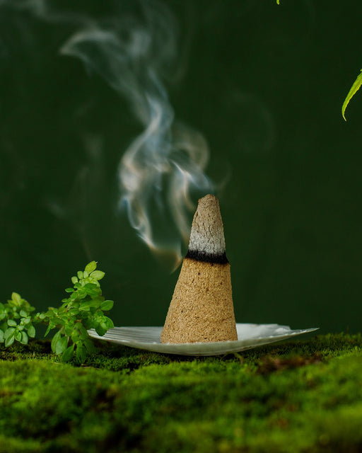 Incense cone with smoke on a green background