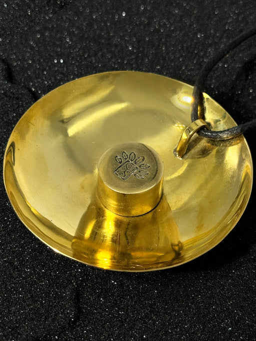 Gold pendant with a black cord on a dark background