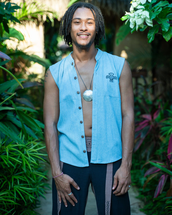 Sleeveless Tribal Shirt – 100% Cotton Shaman Top, Hand-Printed Pattern, Shoulder-Free Design, Ceremony & Everyday Wear