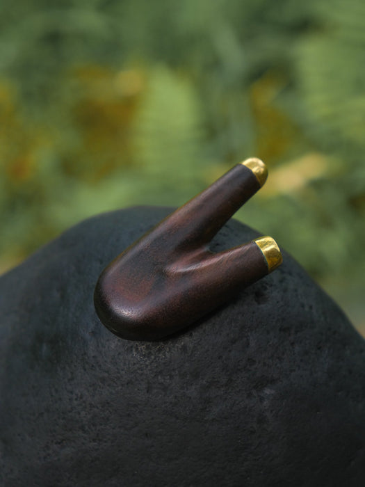 Wooden violin bow with gold tips on a dark surface with a blurred green background