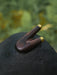Wooden violin bow with gold tips on a dark surface with a blurred green background