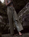 Detail of unisex boho organic cotton pants featuring a distinctive sacred geometry pattern on the belt, handcrafted for a blend of style and comfort in bohemian fashion